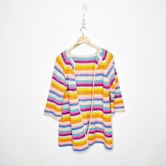 HAND KNIT Rainbow multicolor open front CARDIGAN 3/4 sleeves women's ONE SIZE - Picture 1 of 4